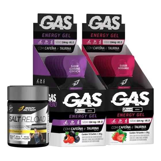Combo 2x Caixas Gas Gel Energético 20 Sachês + Salt Reload Sabor Sem sabor