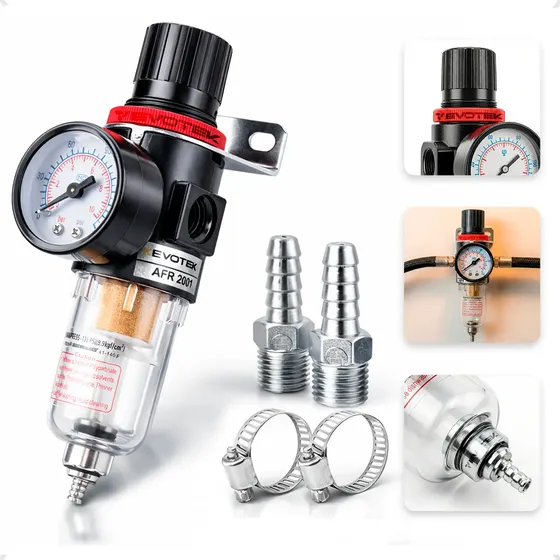 Evotek Filtro Eliminador Água Regulador Ar Compressor Pressão 1/4' Manômetro Medidor