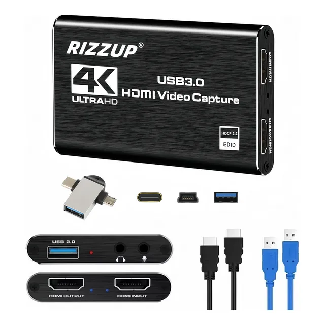 Rizzup® Capturadora de Video Tarjeta de Captura HDMI 4K 1080p 60Hz Audio USB 3.0 Externo con Convertidor Tipo-C Android/Linux/Windows/macOS
