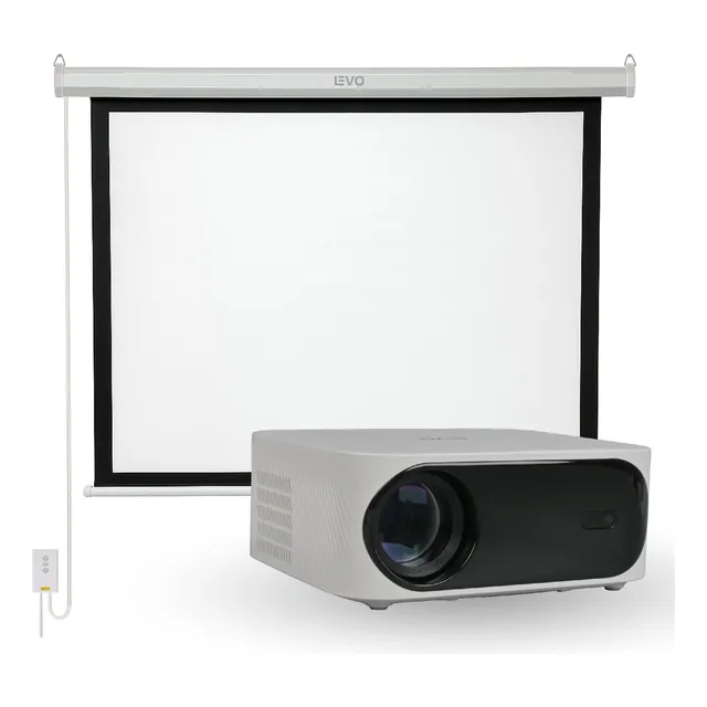 Proyector Portatil Orion 12000lm + Telón 60 Eléctrico Levo