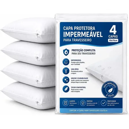 Kit 4 Capas Protetoras de Travesseiro 50x70cm 300 Fios Fronhas Impermeáveis e Antialérgicas com Zíper – Proteção Contra Ácaros e Líquidos – Cor Branco, Conforto e Durabilidade Linha GT Comfort Premium