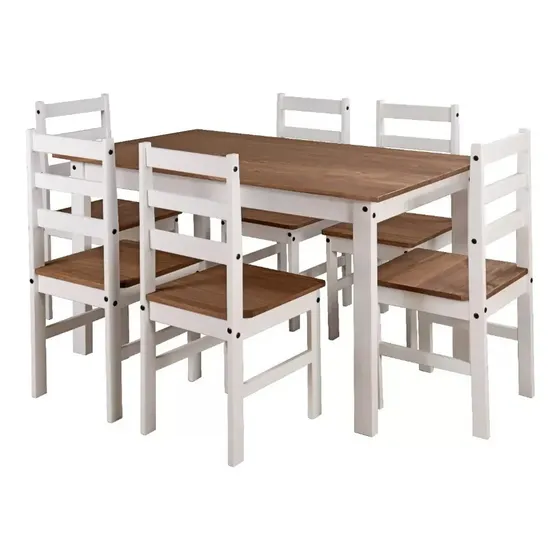 Juego De Comedor Mesa 6 Sillas Madera Maciza Reforzada Pino Color Blanco Diseño de la tela de las sillas Liso | Cuotas sin interés