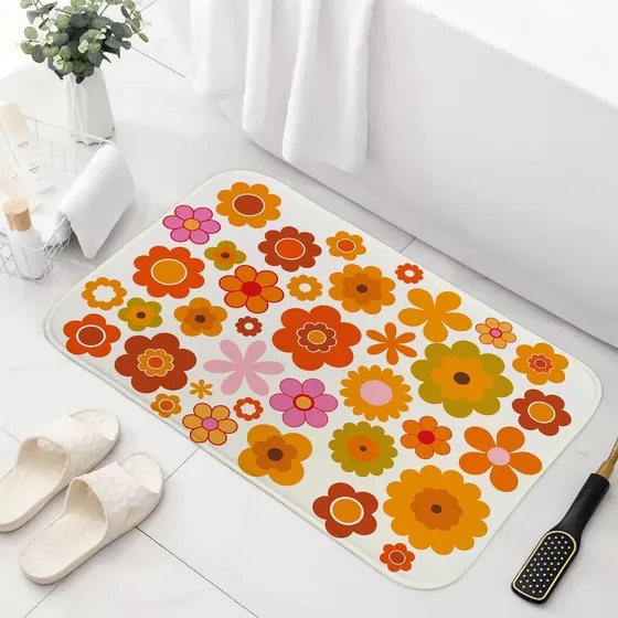 Alfombra Baño Diseño Flor Retro Para Color Marron Naranja 70