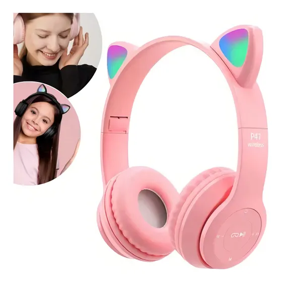 Fone de ouvido gatinho sem fio Catear D47 rosa com luz multicolor LED