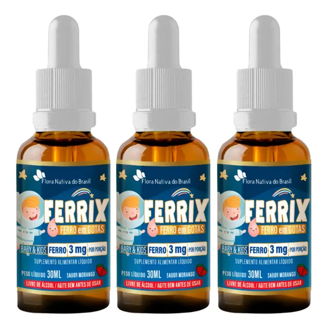 Kit 3 Frascos Ferro Em Gotas Ferrix Kids 30ml Flora Nativa