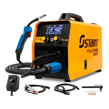 Máquina Inversora De Solda Sinérgica 200a 3 Em 1 Mig Tig Mma Com Gás E Tocha Euro Conector Fluxmig 200 Start Amarelo 220v