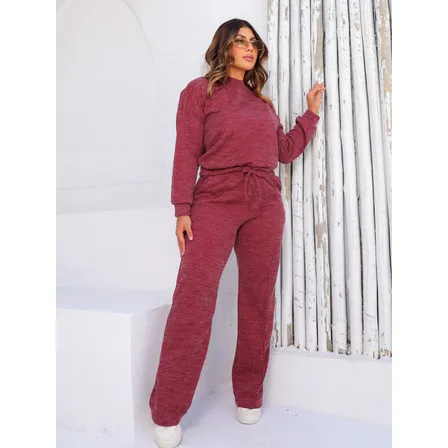 Conjunto Feminino Calça Com Bolsos E Blusa Manga Longa Bordô Lisa Gg