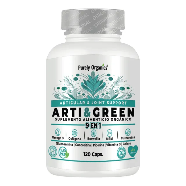 Arti&Green | Avanzado soporte articular y ligamentos | Glucosamina + Condroitina + MSN + Colágeno Hidrolizado | Protección antioxidante con Curcumina, Omega 3, Vitamina D y Calcio | Purely Organics