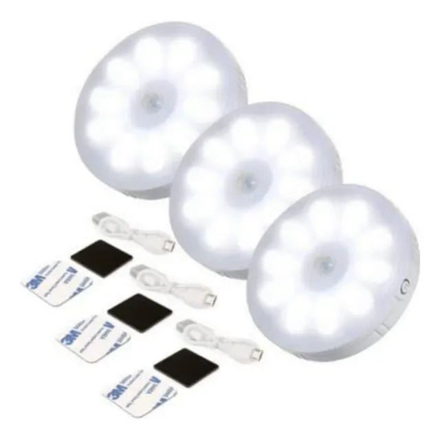 Pack 3 Foco Lámpara Led Sensor De Movimiento Usb Recargable
