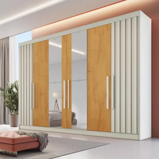 Guarda Roupa 6 Portas 2 Potente Com Espelho Mdf Europa Cor Off White/peroba