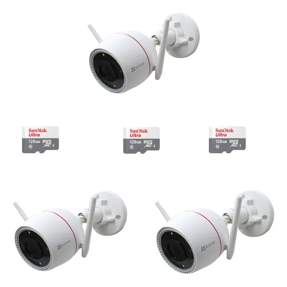 Kit 3 Camaras De Seguridad Color 24hs 4mp Ezviz + 3 Sd 128 