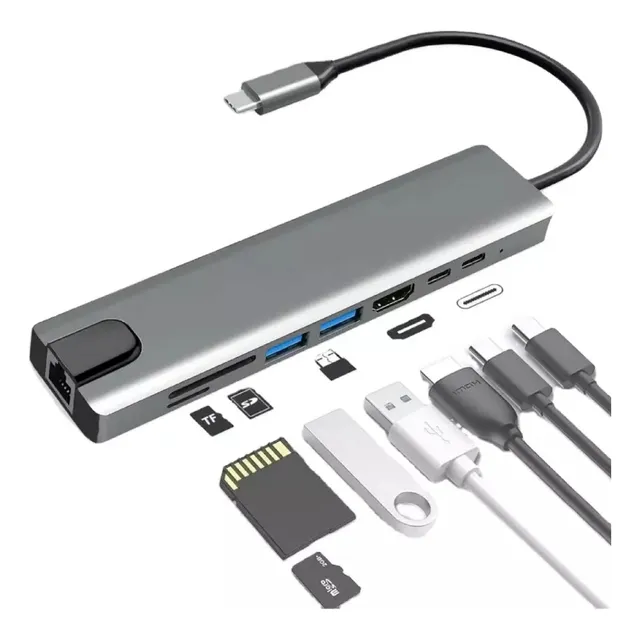 Hub Adaptador Para Macbook 8-1 Hdtv 4k Sd Micro Rj45 Usb 3.0