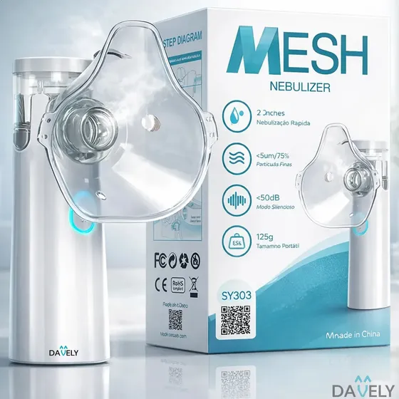 Inalador Nebulizador Portátil Mesh Sem Fio Silencioso Branco Compacto Mesh Bivolt Nebulizador Com Rede Vibratória Aparelho Para Inalação Inalador Silencioso A Pilha Ou Cabo Usb - Marca Davely 127/220v
