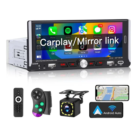 Autoestereos Pantallas Hoviz Auto Estéreo 1din Ips Hd Inalámbrico Carplay Android Auto Bt Fm Rds Rca Negro Estereo Pantalla 6.9 Pulgadas Reproductor Multimedia Auto Pantalla Para Auto H30
