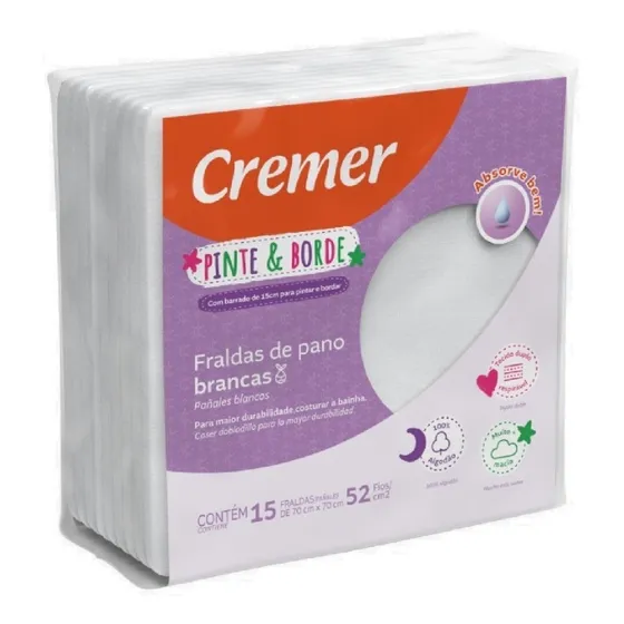 Fralda De Pano Pinte E Borde Branca 52 Fios Cremer Pacote de 15 Unidades 70x70cm