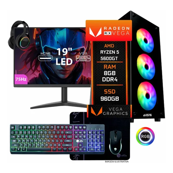 Pc Gamer Completo Amd Ryzen 5 5600gt, 8gb Ddr4, Ssd 960gb