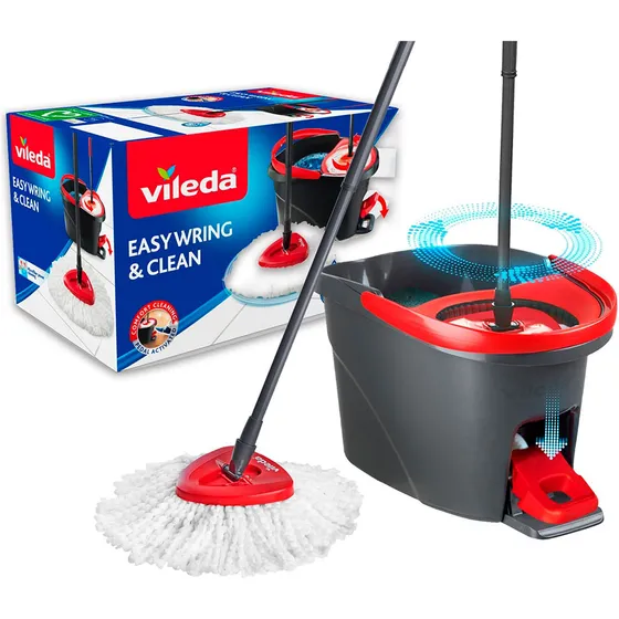 Mopa giratoria 360 Vileda Easy Wring con balde pedal centrífugo para todo tipo de pisos.