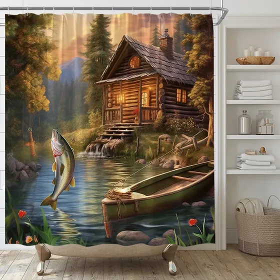 Cortina Ducha Pesca Cabaña Granja Rustico Lubina Lago Cita