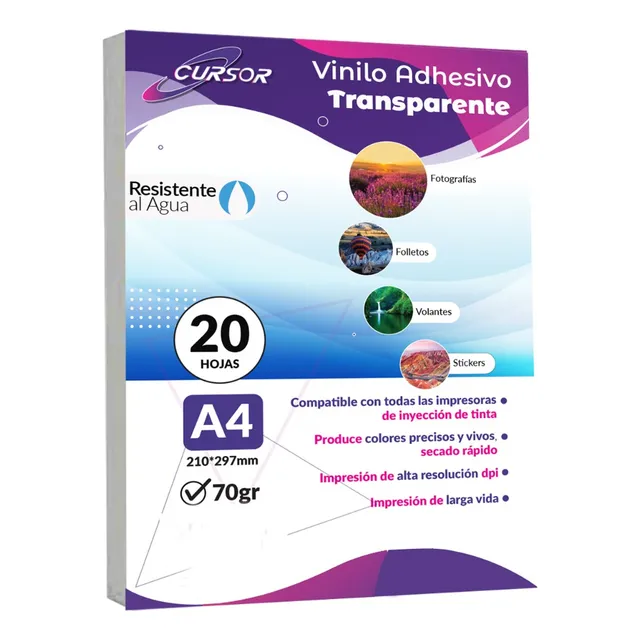 Papel Vinilo Adhesivo Transparente Imprimble Inkjet A4 20hjs