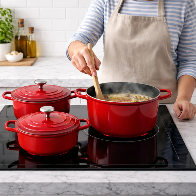 Pessoa utilizando uma colher de pau para mexer comida em uma das três caçarolas de cerâmica vermelha dispostas sobre um fogão de indução em uma cozinha moderna.