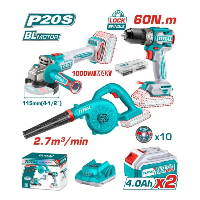 Kit Inalámbrico 20v Esmeril 4 1/2 Taladro Y Sopladora
