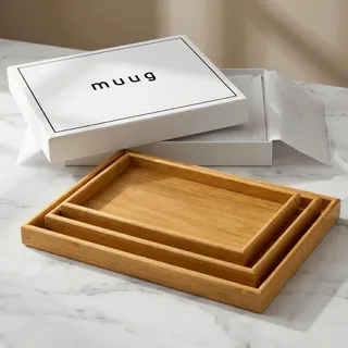 Muug Kit 3 Bandejas de Bambu Retangular Café da Manhã Petisqueira Decorativa Mult