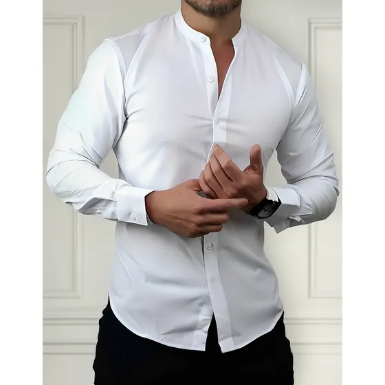 Camisa Cuello Mao Blanca Slim Fit Entallada