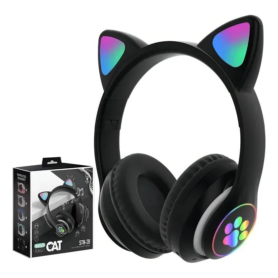 Fones de ouvido sem fio para jogos Cat Stn-28 Kitten com luz LED preta