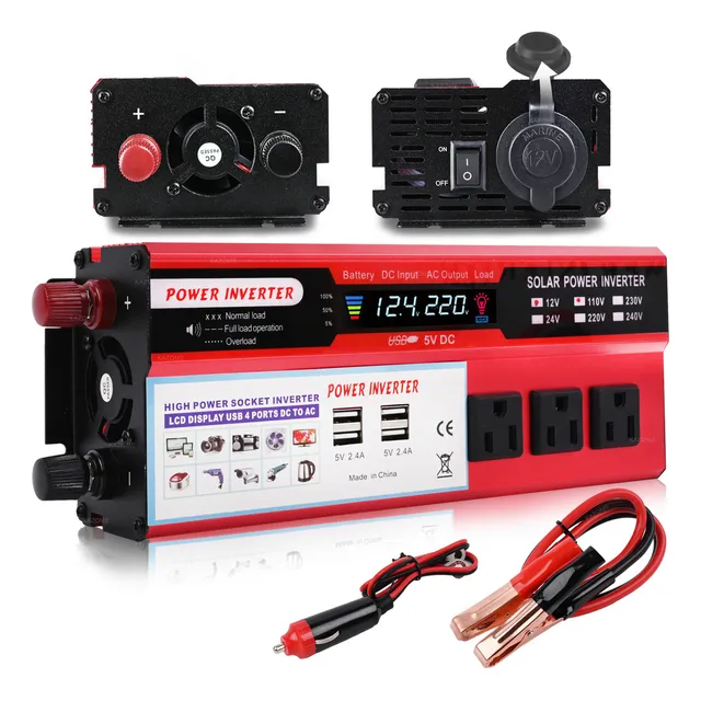 Inversor De Corriente Para Auto Convertidor Potencia Inversor 2000w Con Pantalla Lcd Dc12v-Ac110v Color Rojo