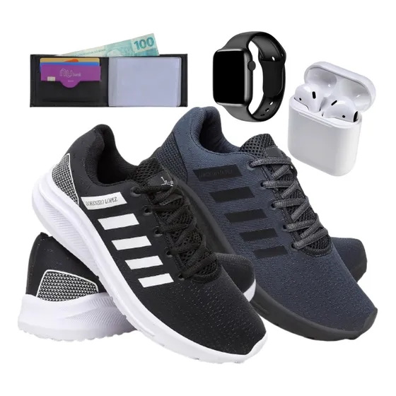 Kit Completo Masculino 2 Pares Tênis Carteira Relógio E Fone