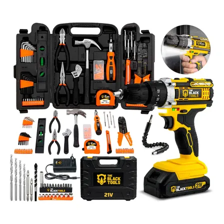 Kit Ferramentas The Black Tools 129 Peças Com Furadeira Parafusadeira 21v E Maleta Preto