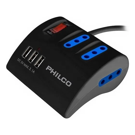 Alargador zapatilla de 3 tomas Philco 6814 con usb color negro largo del cable de 1.5m 10A 220V