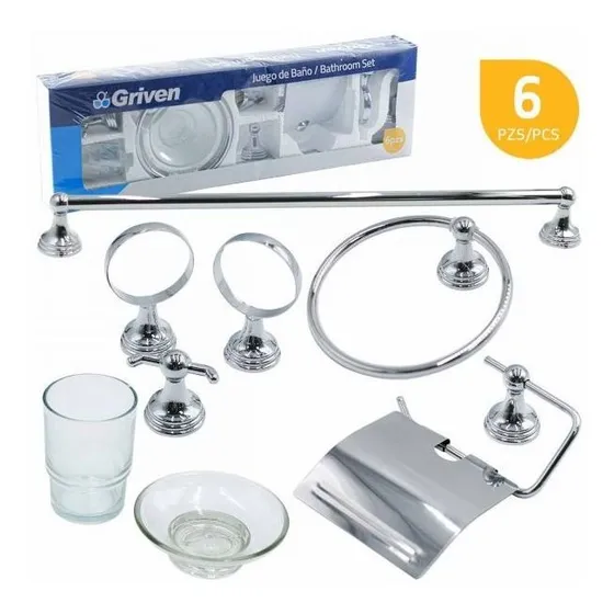 Set Accesorios De Baño 6 Piezas Metálico Cromado