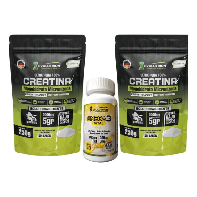 2 Creatina Creapure 500 Gr Total + Omega 3 Vital 60 Softgel