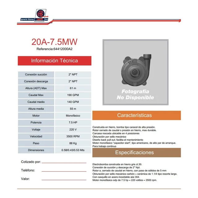 Bomba Centrifuga Ihm 7,5 Hp 220 Volt 1ph 20a-7,5mw (2x2)