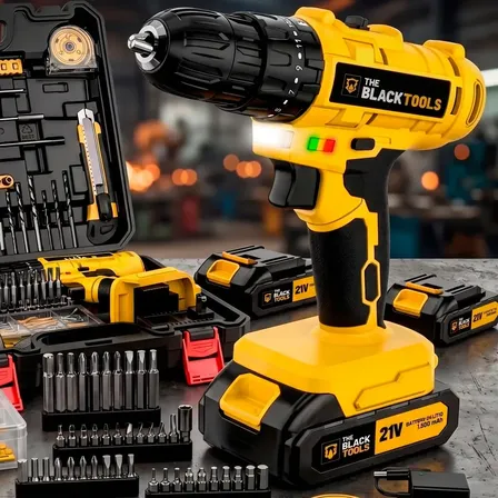 Furadeira Parafusadeira Com Kit Completo Profissional Amarelo E Preto 21v
