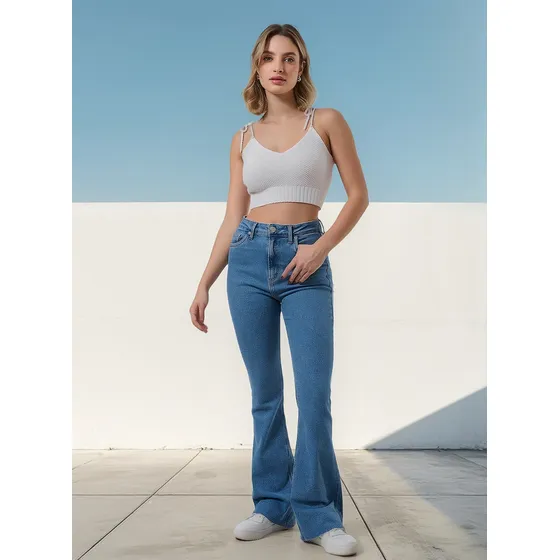 Calça Flare Jeans Com Elastano