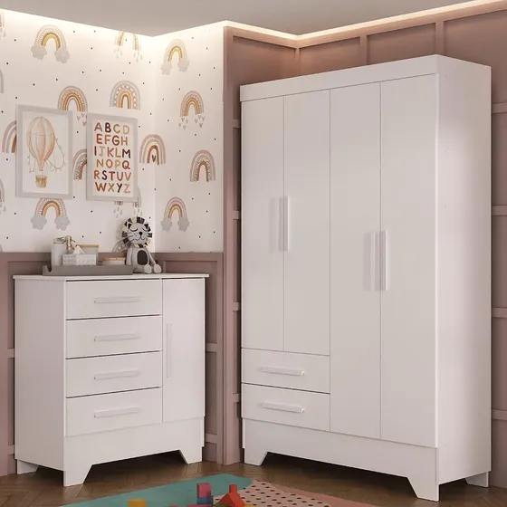 Quarto Infantil Completo Guarda Roupa 4 Portas 2 Gavetas Com