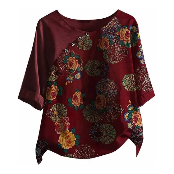 Blusa Lino Algodon Para Mujer 3 4 Manga Larga Retro Floral