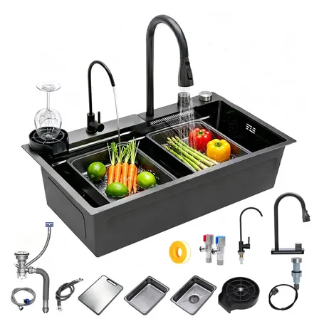 Fregadero de Cocina Empotrable JoyHome con Cascada y Estante, Negro de 80x45x22 cm