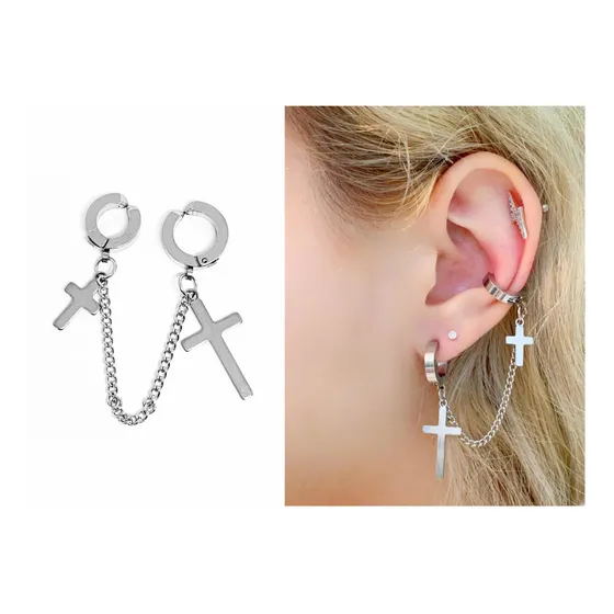 Brinco Piercing Falso Argola Dupla C/ Corrente Cruz Pressão