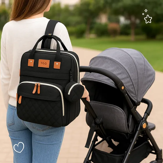 Bolso Mochila Maternal 3 En 1 Cuna Con Cambiador Mosquitero Calidad extra premium Color Negro EB341 Diseño de la tela Liso
