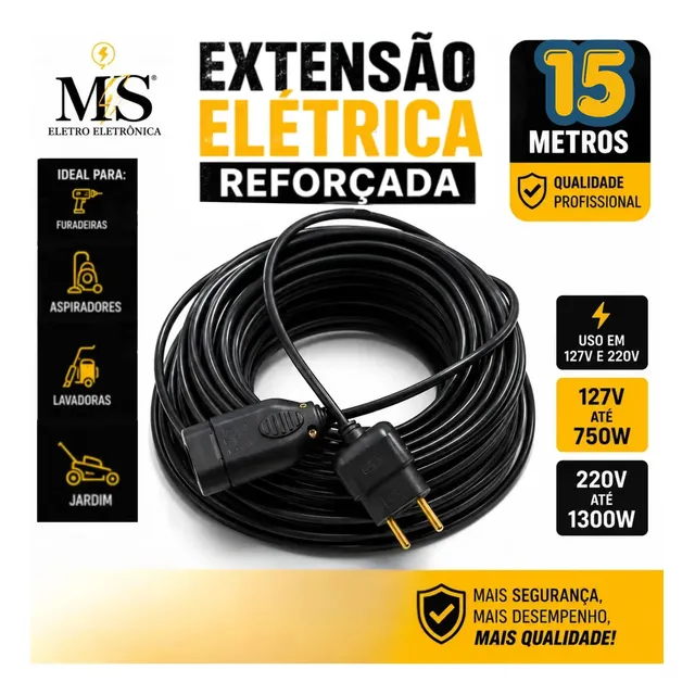 Extensão Eletrica 15 Metros Reforçada Profissional 10/20a Cor Preto Ms Eletro Eletrônica