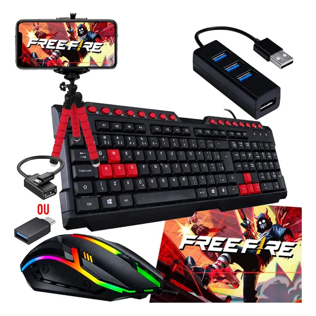 Kit Gamer Mobilador Celular Teclado Rgb Mouse Tripé Hub Otg