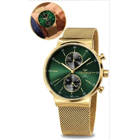 Relógio Technos Masculino Cronógrafo Slim Safira Prova Dágua Dourado Verde