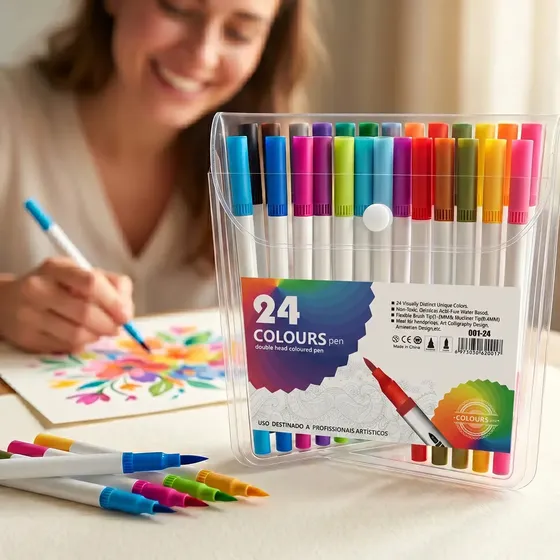Caneta Brush Pen Canetinha Ponta Dupla 24 Cores Pincel Aquarelável Marcador Artístico Caligrafia Let