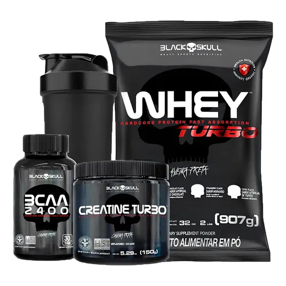 Combo Whey Protein Turbo e Bcaa e Creatina Black Skull Sabor Chocolate