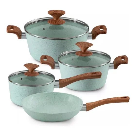 Batería De Cocina Cuori Cerámica 7pzs Antiadherente Inducc Verde Claro