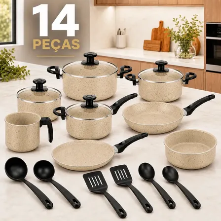 Jogo De Panelas Antiaderente 14 Peças Kit Vanilla Com Tampas De Vidro Fervedor Frigideiras Assadeira Sólar Kit Utensílios Conjunto Cozinha
