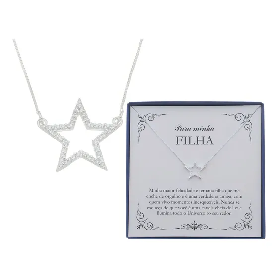 Presente Filha Colar Feminino Prata 925 40 Cm + Extensor 5cm Cor Colar Estrela Cristal
